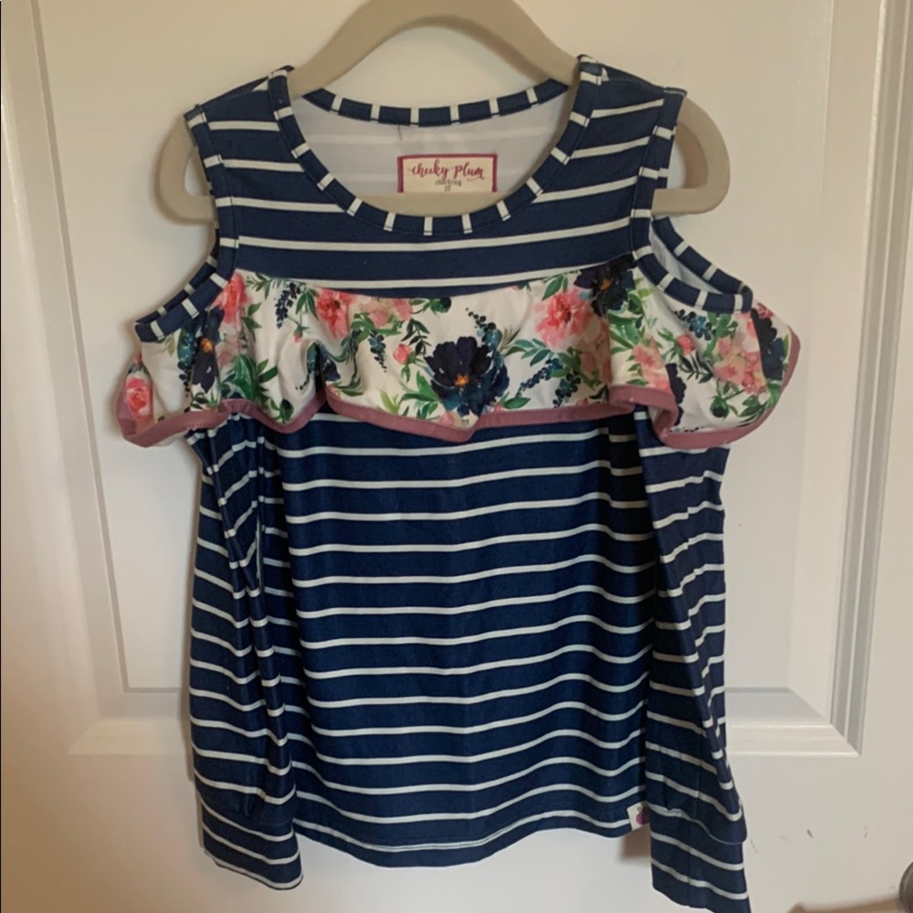 Cheeky Plum Blue and White Cold Shoulder Striped Shirt with Floral Ruffle